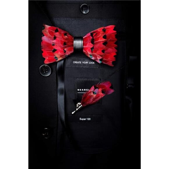 Handmade Feather Pre-tied Bow tie Red - Picture 3 of 6